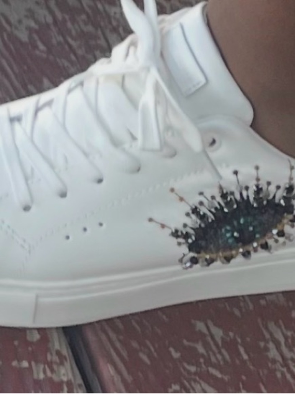 Kurt Geiger White High-Top Sneaker with Beaded Jewel Accent